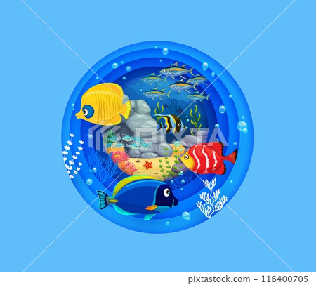 Underwater landscape paper cut with tropical fishes, sea or ocean undersea world, cartoon vector. Underwater landscape in paper cut layers with coral reef exotic fishes and starfish in algae seaweeds 116400705