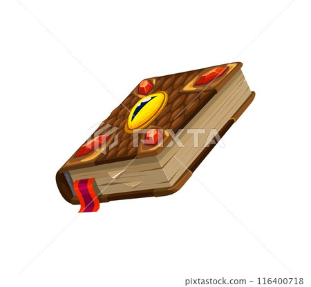 Game book, magic mystery and fantasy manuscript for GUI asset, cartoon vector. Magic book with dragon eye, gem crystals in snake leather cover with bookmark for cartoon wizard game UI element 116400718