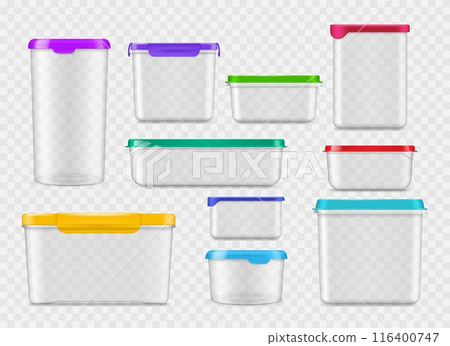 Realistic plastic food containers, transparent boxes vector mockups of 3d food packages with color lids. Clear plastic containers, round bucket, cup, jar and pot, rectangular lunchbox, bowl and box 116400747