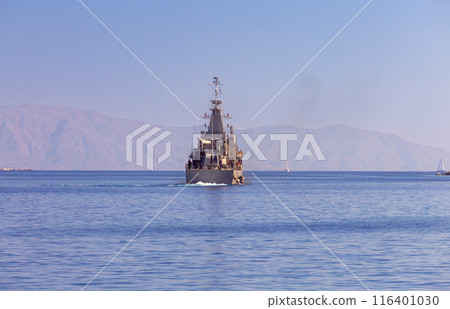 A Greek warship patrols the sea border with Turkey near the island of Symi. 116401030