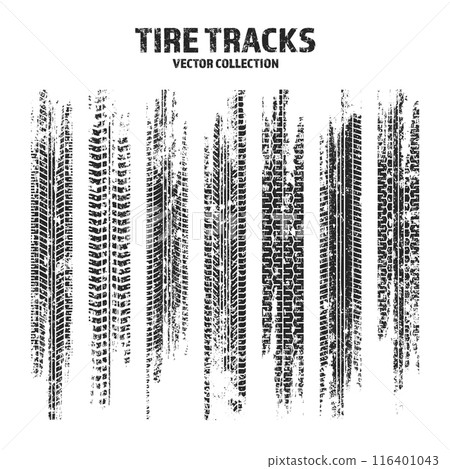 Grunge tire tracks, wheel braking marks. Truck, car or motorcycle tread pattern silhouettes. Auto race, motorsport, speed racing design element. Vector illustration 116401043