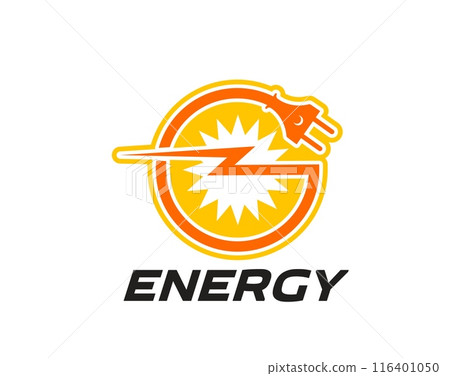 Electric energy icon featuring a stylized electric plug and burst symbol in shades of yellow and orange. Vector vibrant emblem conveys power for energy companies or industries, electricity companies 116401050