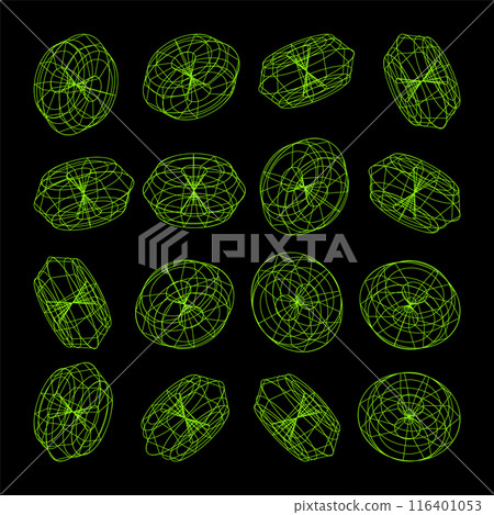Wireframe lined shapes. Perspective mesh, 3d grid. Low poly geometric elements. Retro futuristic design elements, y2k, vaporwave and synthwave style. Vector illustration Wireframe lined shapes. Perspective mesh, 3d grid. Low poly geometric elements. Retro futuristic design elements, y2k, vaporwave and synthwave style. Vector illustration 116401053