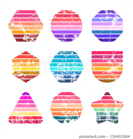 Grunge vintage sunset collection. Various colorful striped sunrise badges in 80s and 90s style. Sun and ocean view, summer vibes, surfing. Design element, print, logo or t-shirt. Vector illustration 116401064