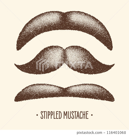 Brown stippled vintage mustache. Curly facial hair. Hipster beard. Stippling, dot drawing and shading, stipple pattern, halftone effect. Vector illustration 116401068