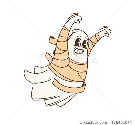 Cartoon retro groovy Halloween mummy ghost character. Funny spooky spirit or phantom monster vector personage with mummy bandages doing boo hand gesture. Halloween horror holiday boo ghost emoji Cartoon retro groovy Halloween mummy ghost character. Funny spooky spirit or phantom monster vector personage with mummy bandages doing boo hand gesture. Halloween horror holiday boo ghost emoji 116401074