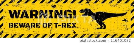 T rex dinosaur warning metal sign board or danger caution, vector banner. Beware of T-rex warning or attention sign with roaring dinosaur lizard in frame of black stripes on yellow grunge background T rex dinosaur warning metal sign board or danger caution, vector banner. Beware of T-rex warning or attention sign with roaring dinosaur lizard in frame of black stripes on yellow grunge background 116401082