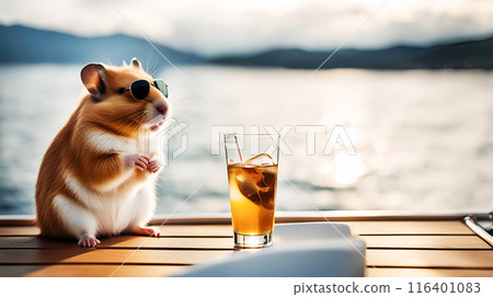 A hamster wearing sunglasses enjoys refreshing drink on a yacht, representing luxury and relaxation. Vacation concept, sea cruise, travel A hamster wearing sunglasses enjoys refreshing drink on a yacht, representing luxury and relaxation. Vacation concept, sea cruise, travel 116401083