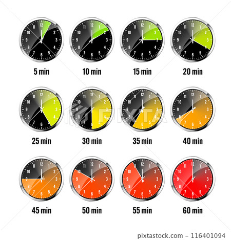 Wall clock, stopwatch icons. Shiny metal chronometer, time counter with dial. Colorful countdown timer showing minutes and seconds. Time measurement for sport, start and finish. Vector illustration 116401094