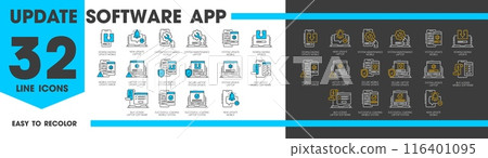 Update software app line icons, maintenance and download outline symbols vector set, represent various aspects of software updating such as loading, installation, refresh, buy license, error, settings Update software app line icons, maintenance and download outline symbols vector set, represent various aspects of software updating such as loading, installation, refresh, buy license, error, settings 116401095