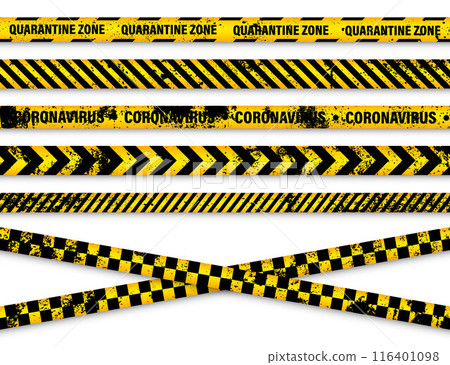 Old grunge quarantine zone warning tape. Novel coronavirus outbreak. Global lockdown. Yellow coronavirus danger stripe. Police caution line, restricted area. Construction tape. Vector illustration 116401098