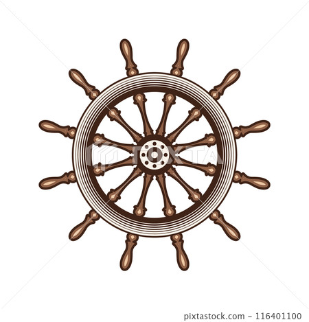 Wooden vintage steering wheels. Ship, sailboat or yacht retro wheel symbol. Nautical rudder icon. Marine logotype design element. Vector illustration 116401100