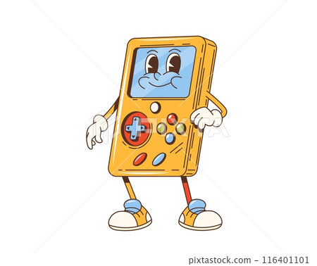 Cartoon groovy retro gamepad character. Isolated vector cheerful, vintage handheld gaming console device with happy face, arms, legs, standing in playful pose with friendly smile, gloves and sneakers 116401101
