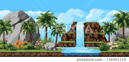 Waterfall cascade and mountains 8 bit game pixel landscape level background. Vector pixel art palm trees, green grass, flowers and plants on mountain river banks under blue sky nature landscape Waterfall cascade and mountains 8 bit game pixel landscape level background. Vector pixel art palm trees, green grass, flowers and plants on mountain river banks under blue sky nature landscape 116401119