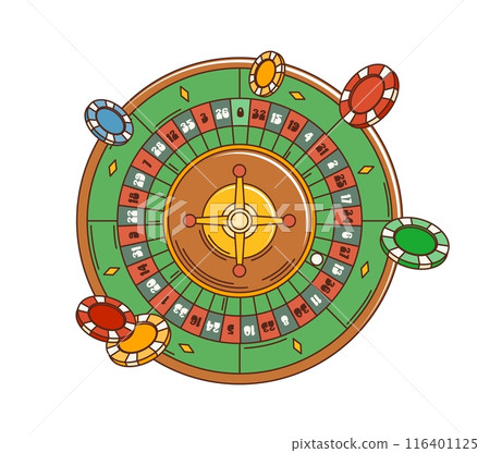 Cartoon retro groovy casino roulette wheel with chips. Vector gamble sport game or betting roulette with red and black ball pockets. Vintage groovy gambling fortune wheel with casino desk game chips 116401125