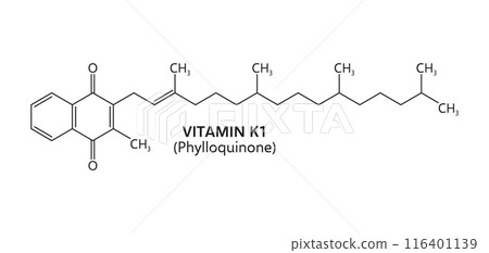 Vitamin k1 or phylloquinone formula, comprising a 2-methyl-1,4-naphthoquinone ring system. Its chemical formula is c31h46o2. Isolated vector structure essential for blood clotting and bone metabolism 116401139