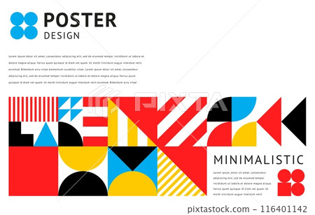 Abstract geometric modern business poster. Vector background or cover template with retro minimal shapes and bold graphic forms in vibrant contrasting colors of red, blue, yellow, white and black Abstract geometric modern business poster. Vector background or cover template with retro minimal shapes and bold graphic forms in vibrant contrasting colors of red, blue, yellow, white and black 116401142