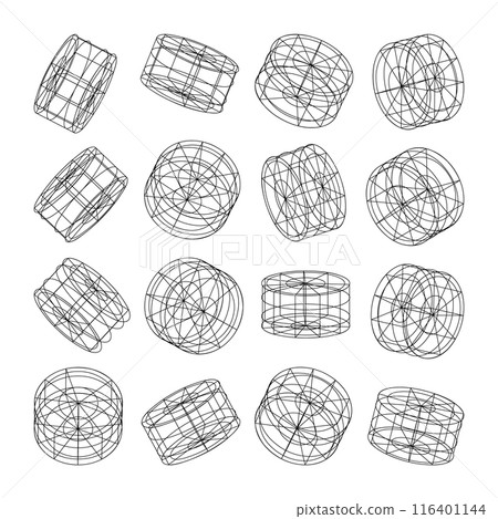 Wireframe lined shapes. Perspective mesh, 3d grid. Low poly geometric elements. Retro futuristic design elements, y2k, vaporwave and synthwave style. Vector illustration Wireframe lined shapes. Perspective mesh, 3d grid. Low poly geometric elements. Retro futuristic design elements, y2k, vaporwave and synthwave style. Vector illustration 116401144