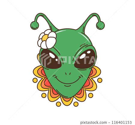 Cartoon groovy space character of funny alien with daisy flowers, vector funky art. 70s retro groovy green alien humanoid with happy smile on face for extraterrestrial galaxy or trippy character emoji 116401153