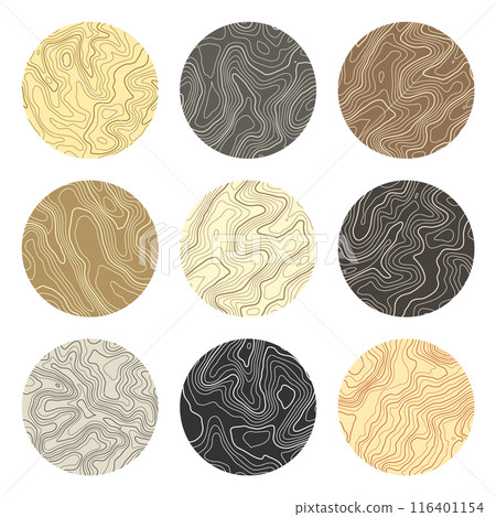 Colorful topographic map with contour lines. Geographic terrain grid, relief height elevation. Ground path pattern. Travel and navigation, cartography design element. Vector illustration 116401154