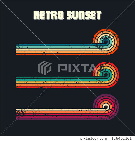 Grunge horizontal vintage sunsets. Various colorful striped sunrise badges in 80s and 90s style. Sun and ocean view, summer vibes, surfing. Design element, print, logo or t-shirt. Vector illustration 116401161