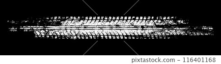 Grunge tire track, wheel braking marks. White truck, car or motorcycle tread pattern silhouette. Auto race, motorsport, speed racing design element. Vector illustration Grunge tire track, wheel braking marks. White truck, car or motorcycle tread pattern silhouette. Auto race, motorsport, speed racing design element. Vector illustration 116401168