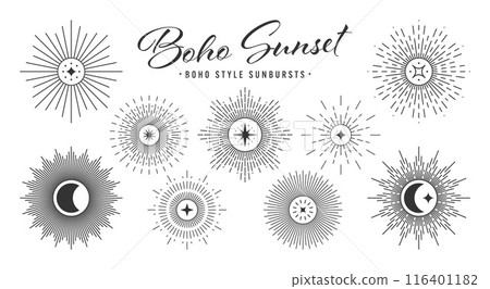 Vintage sunburst, sunset beams collection. Boho style, modern minimalist bohemian design. Hand drawn bursting sun, light rays. Logotype or lettering design element in retro style. Vector illustration 116401182