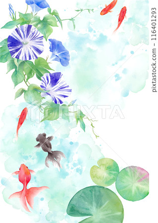 金魚和牽牛花的水彩插圖。夏天的形象。夏天的問候背景。 (向量。佈局可以更改) 金魚和牽牛花的水彩插圖。夏天的形象。夏天的問候背景。 (向量。佈局可以更改) 116401293