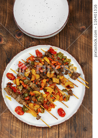 Grilled mutton kebab on skewers 116401316