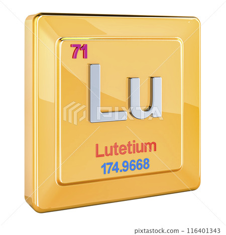 Lutetium Lu, chemical element sign with number 71 in periodic table. 3D rendering Lutetium Lu, chemical element sign with number 71 in periodic table. 3D rendering 116401343
