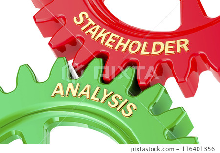 Stakeholder analysis concept, with colored gearwheels. 3D rendering Stakeholder analysis concept, with colored gearwheels. 3D rendering 116401356