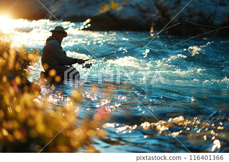 A fisherman at sunset uses a spinning rod to catch fish in a stormy river or lake. A fisherman at sunset uses a spinning rod to catch fish in a stormy river or lake. 116401366