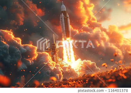 space rocket takes off from cosmodrome in fire, smoke. Launch of scientific technological apparatus into space. space rocket takes off from cosmodrome in fire, smoke. Launch of scientific technological apparatus into space. 116401378