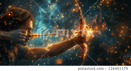Sagittarius pulls string of bow with an arrow symbol of constellation of zodiac horoscope of east. Sagittarius pulls string of bow with an arrow symbol of constellation of zodiac horoscope of east. 116401379