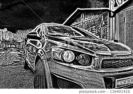 Beautiful car close up. In the driveway among the garages there is a stylish car with beautiful headlights. 116401428