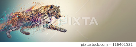 Neon abstract graphic outlines of a leopard, a wild animal. Technology concept, Light background isolate. AI generated. 116401521