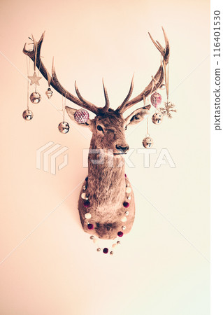 stag decorated with Christmas ornaments stag decorated with Christmas ornaments 116401530