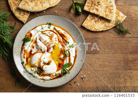 Turkish eggs Cilbir, Turkish breakfast Turkish eggs Cilbir, Turkish breakfast 116401533