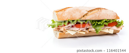 Fresh sandwich with ham, cheese, tomatoes, fast food on white background, isolate. AI generated. 116401544