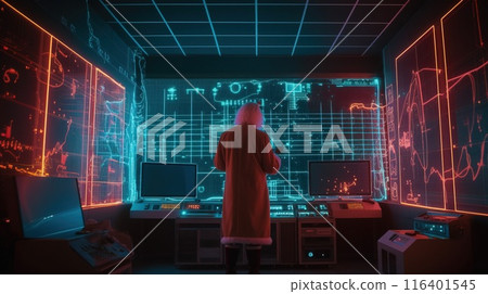 Christmas Santa Claus in new year close-up, at artificial intelligence console, electronics background. AI generated. 116401545