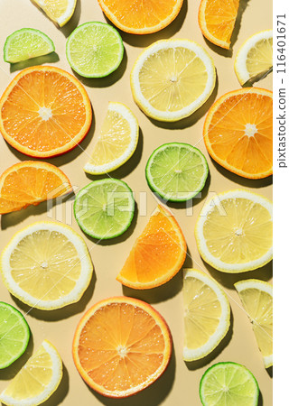 Citrus fruit slices, orange, lemon, lime. Citrus fruit slices, orange, lemon, lime. 116401671