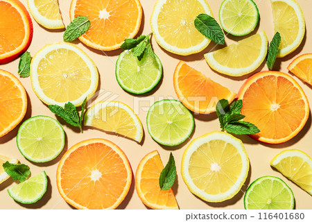 Citrus fruit slices, orange, lemon, lime. Citrus fruit slices, orange, lemon, lime. 116401680