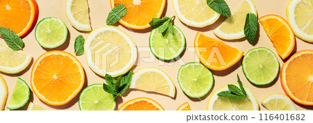 Citrus fruit slices, orange, lemon, lime. Citrus fruit slices, orange, lemon, lime. 116401682