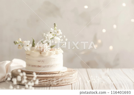 Beautifully decorated white cake in a soft romantic setting 116401693