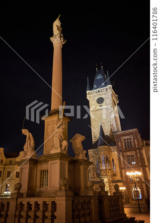 Night view of the Old Town Square Staromestske namesti, historic square in the Old Town quarter of Prague, the capital of the Czech Republic Night view of the Old Town Square Staromestske namesti, historic square in the Old Town quarter of Prague, the capital of the Czech Republic 116401786