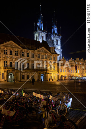 Night view of the Old Town Square Staromestske namesti, historic square in the Old Town quarter of Prague, the capital of the Czech Republic 116401788