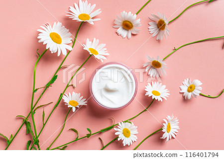 Natural organic face cream with chamomile flowers 116401794