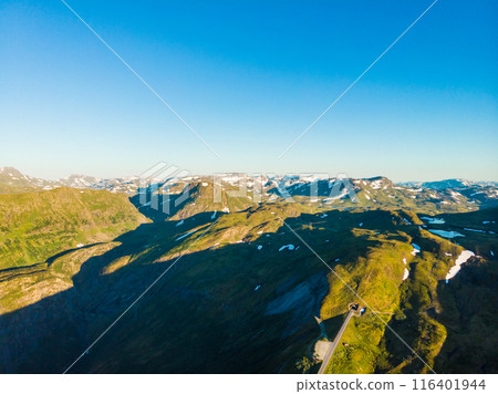 Road with tunnel in mountains Norway. Aerial view. 116401944