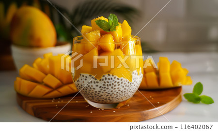 Healthy Sugar-Free Chia Seed Pudding with Fresh Mango Cubes 116402067