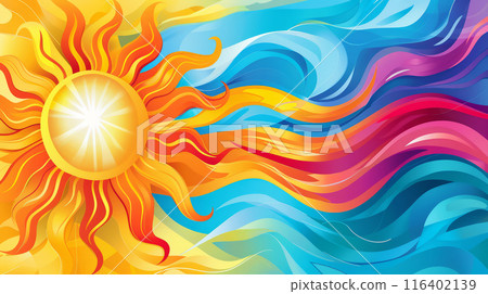 Colorful Radiant Sun with Flowing Rays. Dynamic Summer Illustration Colorful Radiant Sun with Flowing Rays. Dynamic Summer Illustration 116402139